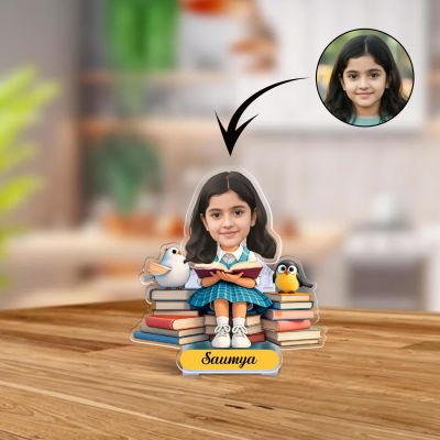 Personalized Bookworm Girl Bobblehead Caricature with Battery Powered Moving Head Feature Unique Gift for Students, Book Lovers, and Readers Study Room Table Decor